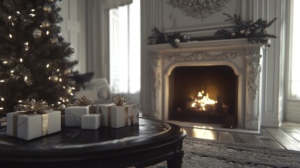 Canvas Print - This is the interior of a living room that has a Christmas tree, fireplace, and advent calendar