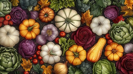 Poster - An abundant collection of colorful pumpkins, gourds, and various vegetables is artfully arranged among vibrant autumn foliage, capturing the essence of fall's harvest