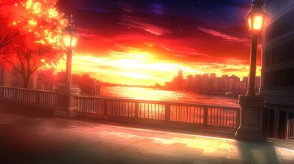 Poster - Serene River Sunset with Vibrant City Skyline