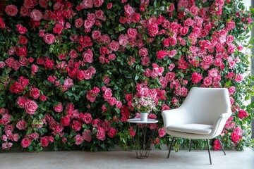 Aufkleber - A cozy white chair and side table are positioned next to an eye-catching wall adorned with lush pink roses and greenery, creating an inviting atmosphere