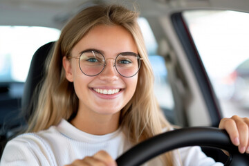 Smiling young woman with glasses driving car in bright afternoon light