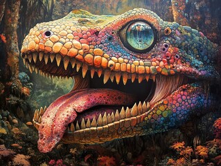 Canvas Print - Colorful Fantasy Lizard with Open Mouth and Sharp Teeth