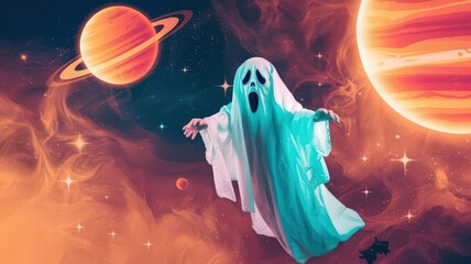 Halloween Ghost in an Orange Tinted Space Scene