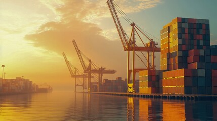 Sunrise at industrial port with containers and cranes by the water