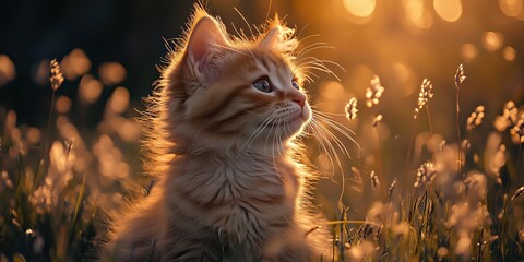 Adorable close-up of an orange tabby kitten gazing up in a sunlit field of grass, capturing a peaceful moment with golden hour lighting and warm tone