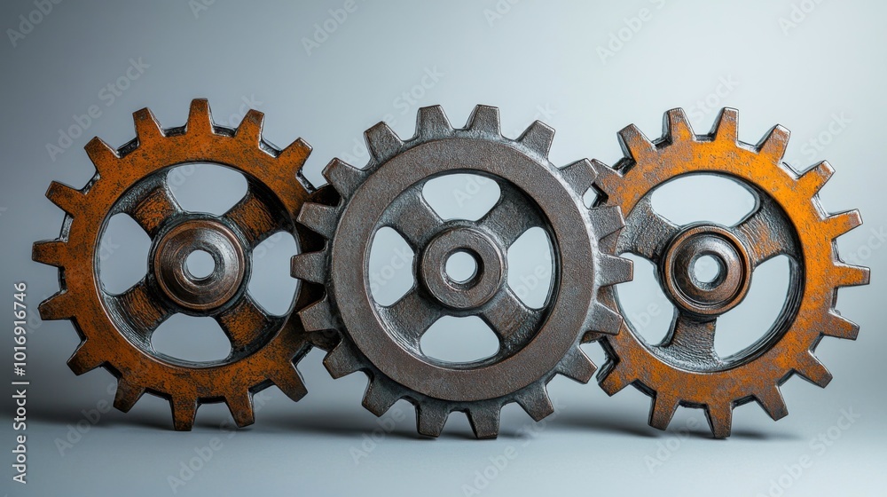Three interlocking rusty gears symbolizing industry and teamwork Stock ...