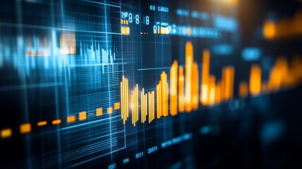 Poster - Close-up of a digital screen displaying a financial chart with orange bars on a blue grid.