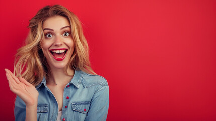 Photo of pretty cheerful lady in the left with empty space event information isolated on red color background