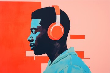 Poster - Black man listen to the music headphones portrait headset.