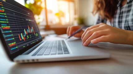 Poster - Woman's Hand Using Laptop Touchpad to Analyze Stock Market Data