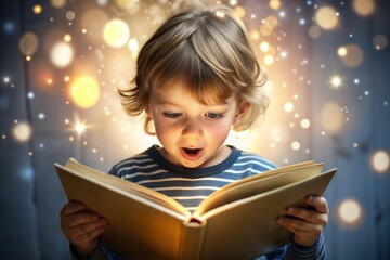 child in awe with glowing book symbolizing imagination and wonder