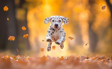 In a cheerful park setting, a playful Dalmatian leaps joyfully through a vibrant autumn landscape filled with falling leaves