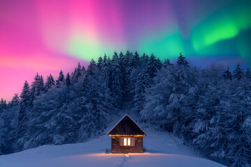 cozy wooden cabin in snowy forest under incredible northern lights in starry sky. christmas landscap