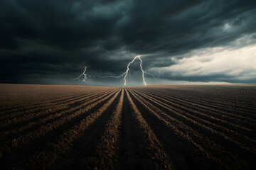 Farmland Under a Stormy Sky with Striking Lightning | Dramatic Weather and Nature’s Power Over Agricultural Fields