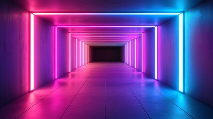 Poster - There is a futuristic corridor with pink and blue neon lights reflecting off the wet floor.