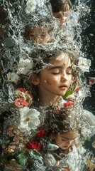 Sticker - Surreal Underwater Portrait of a Young Girl with Flowers