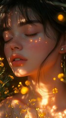 Sticker - Dreamy Portrait of a Woman Surrounded by Golden Light and Flowers