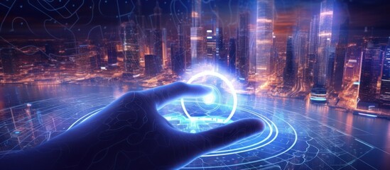 Futuristic Cityscape with a Hand Holding a Hologram