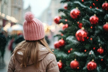 Wall Mural - Christmas celebrations, winter, holiday, festive mood A young woman in a pink beanie stands in front of a beautifully decorated evergreen tree with red ornaments, surrounded by soft snowflakes