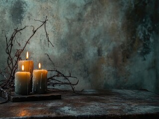 Canvas Print - Creepy Night Scene with Candles and Branches on Rustic Table