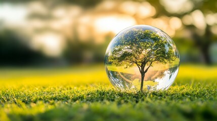 Wall Mural - The crystal globe was placed on the grass with a tree in the middle. for the environment Society and Governance Sustainable global environment concept. with copy space