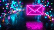 © DZMITRY - The envelope icon is neon and glowing, with glittering particles on a dark background.