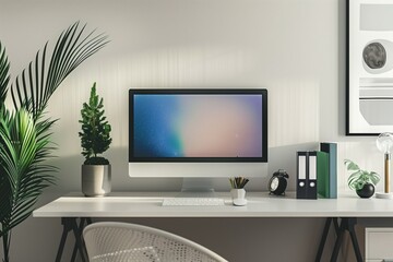 A chic office space with a minimalist design, featuring a sleek desk, a modern chair, a desktop computer, and decorative elements like plants and artwork.