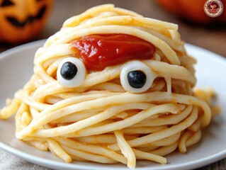 Creative Halloween Food for Kids Spaghetti Mummy Recipe with Ketchup Decoration