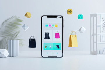 A phone screen shows a shopping app with a variety of items