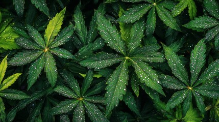 Poster - Fresh Green Leaves with Water Drops on Surface
