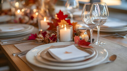 Fall table setting with candles and maple leaves in warm tones