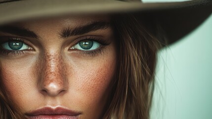 Wall Mural - An intimate close-up portrait of a woman with naturally beautiful freckles, evoking a sense of vulnerability and authenticity alongside unmatched depth.