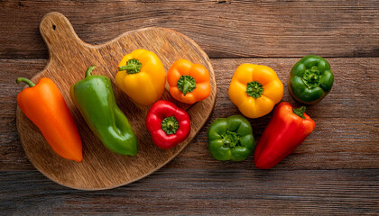 Sweet pepper on a wooden cutting board, isolated against a wooden background