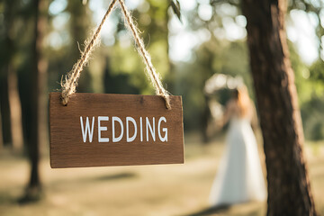 Wooden Sign with the Word ‘WEDDING’ | Romantic Wedding Decoration for a Rustic Outdoor Celebration