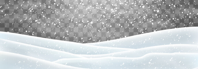 Snow flakes, snow and blizzard falling on snowdrifts. Snow landscape decoration, frozen hills isolated on png background. Vector heavy snowfall with snowbanks field. Christmas vector illustration