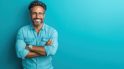 A man with glasses and a beard smiles confidently, standing against a vibrant blue backdrop, with arms crossed, exuding a relaxed and approachable aura.