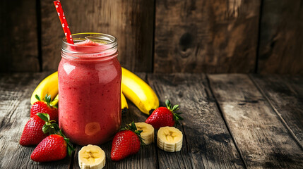 Jar of strawberry and banana smoothie on a wooden table with space for design