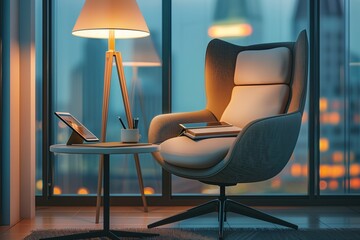 A stylish office corner with a comfortable chair, a modern lamp, and a small table holding a tablet, a notepad, and a pen, all against a backdrop of floor-to-ceiling windows.