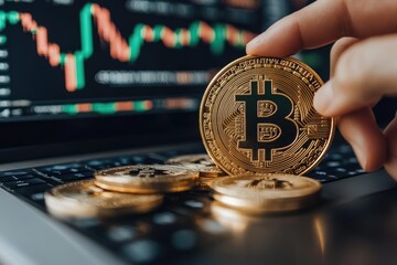 Poster - Trader holding bitcoin with falling price chart on laptop screen