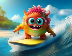 Sticker - Cute Cartoon Colorful Monster Character Surfing