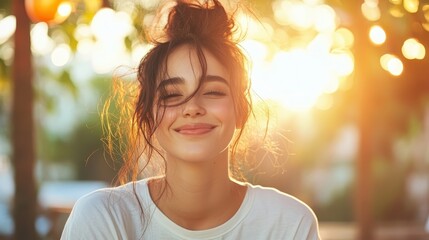 A woman joyfully smiles, her hair in a bun, warmly illuminated by sunlight, against a green leafy background, capturing the beauty and warmth of a sunlit day.