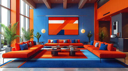 Stylish living room interior featuring bold orange and blue decor, contemporary furniture, geometric artwork, and lush green plants for a vibrant ambiance