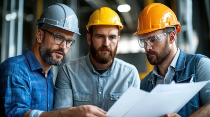 Three construction workers in hard hats examine blueprints on a job site, demonstrating teamwork and planning in the construction industry.