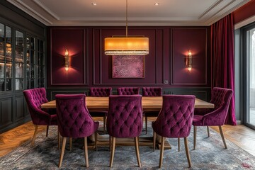 Luxurious dining room interior in purple with golden chandelier illuminating table