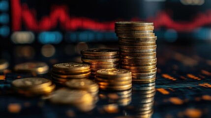 Poster - Gold coins stacked on a background with stock market charts showing losses