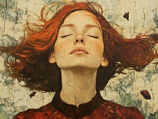 Poster - Red Hair Woman Portrait - Calm and Serene Art Painting