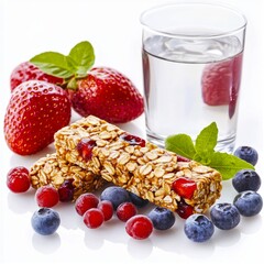 Sticker - Fresh and healthy snack set featuring granola bars, strawberries, and blueberries. Perfect for a morning boost or post-workout treat. Enjoy a refreshing glass of water too. AI