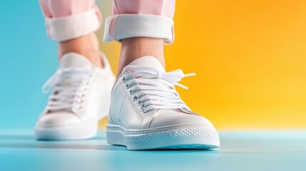 Stylish white sneakers paired with pastel pink pants against a dual-tone vibrant background, capturing a trendy, youthful essence in striking photography.