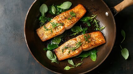 Two perfectly seared salmon steaks sit alongside fresh greens in a frying pan, exuding a rich aroma that invites taste buds to a delightful culinary experience.