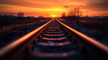 Poster - Sunset Over Railway Tracks in Serene Landscape